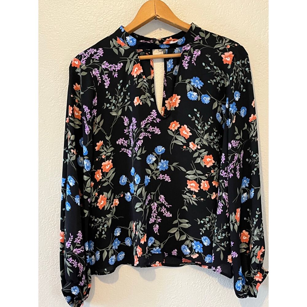 Womens‎ Lush Floral Print Choker Neck Black Spring Summer Blouse Top Size Medium